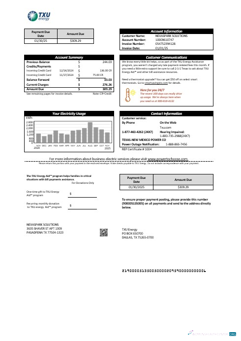 Download USA Texas TXU Energy business utility bill template in Word and PDF formats Photoshop template